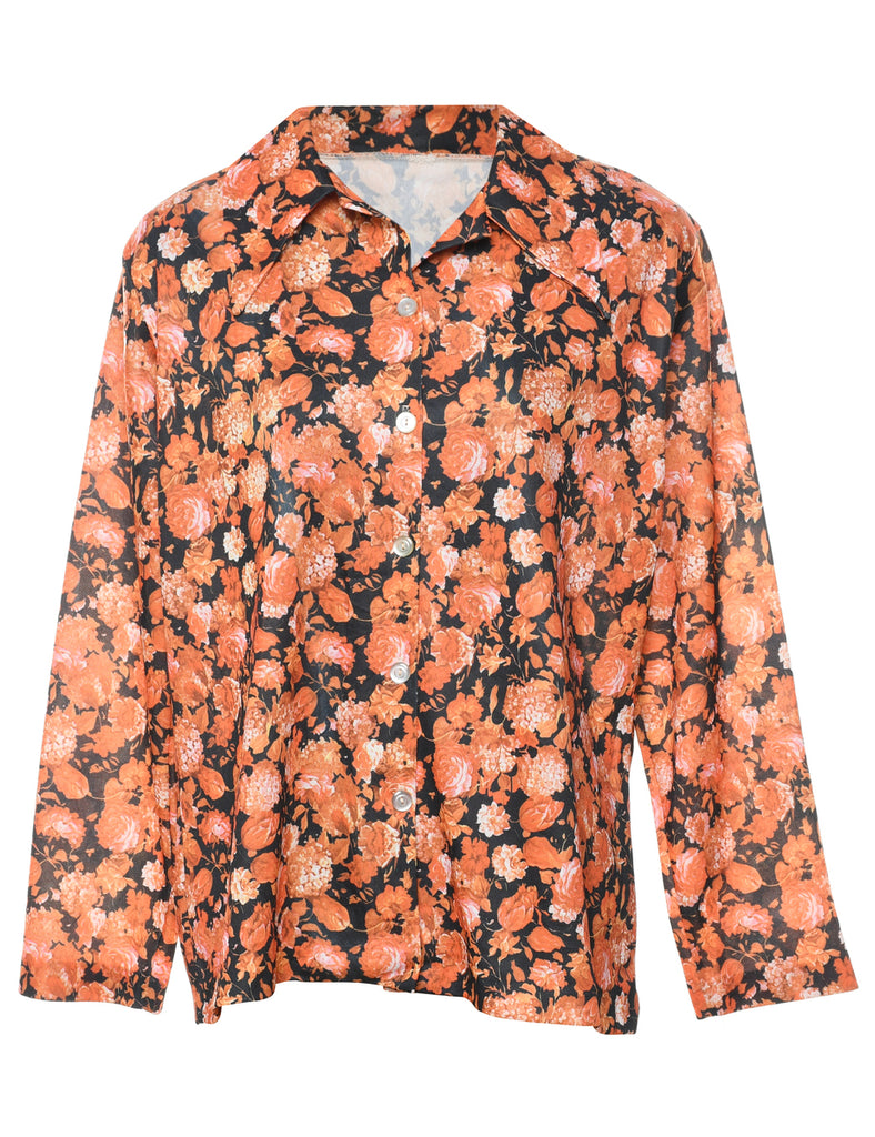 1970s Floral Black & Orange Shirt - XL