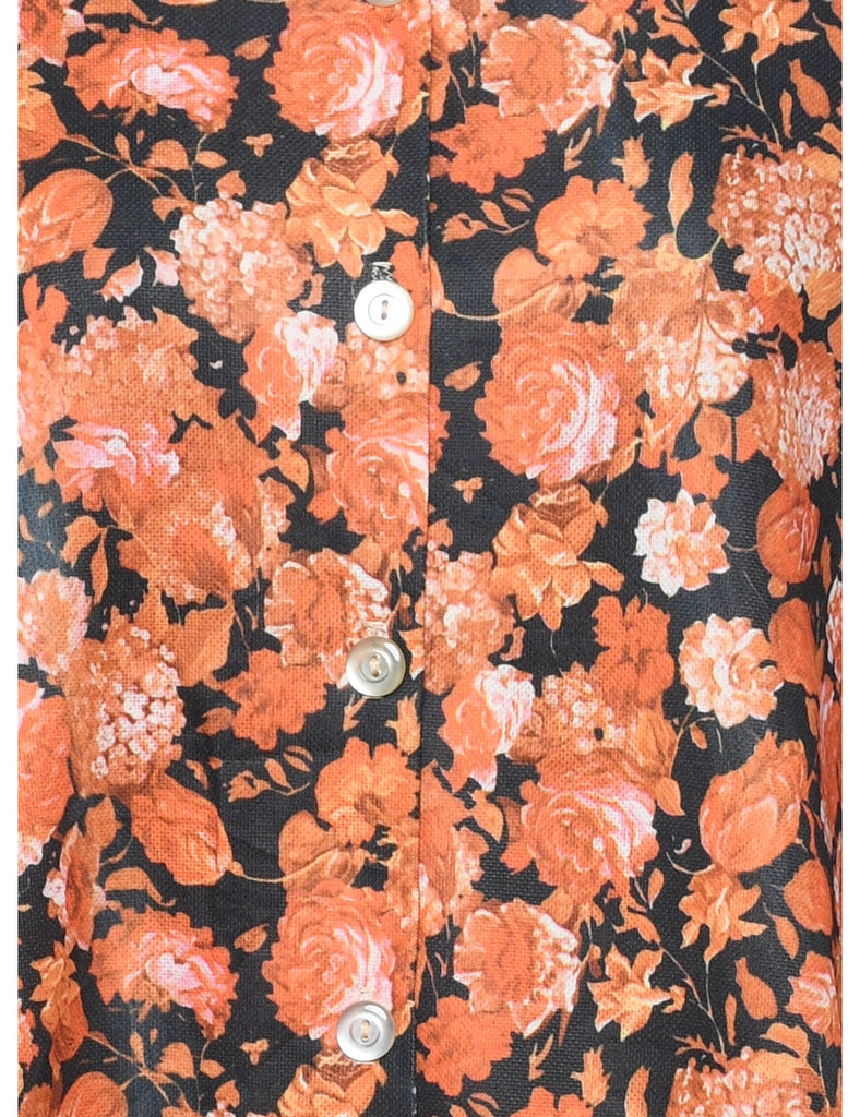 1970s Floral Black & Orange Shirt - XL
