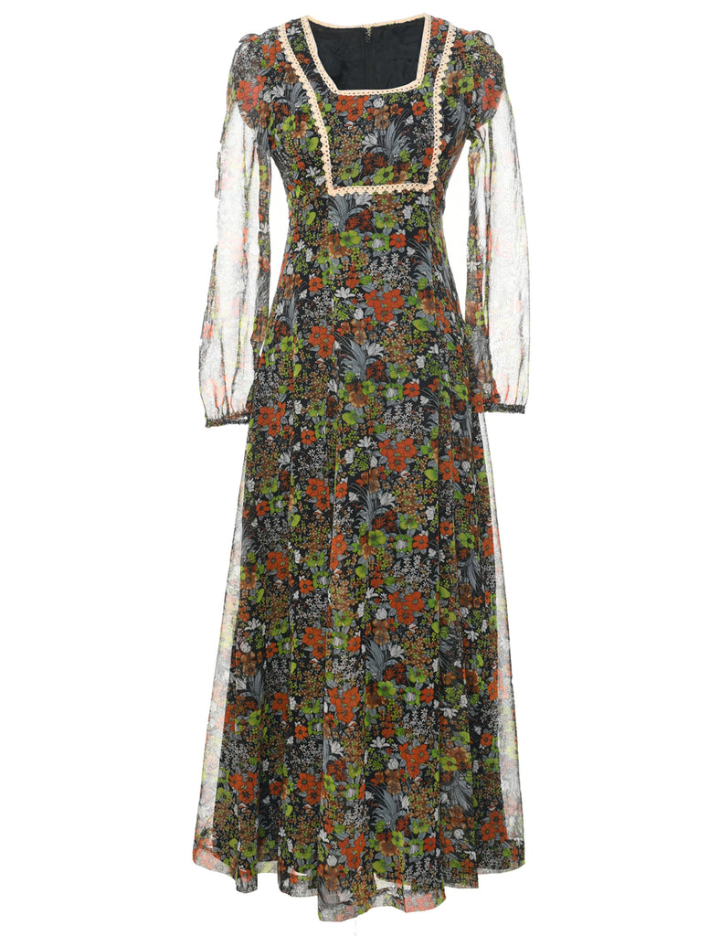 1970s Floral Print Maxi Dress - XS