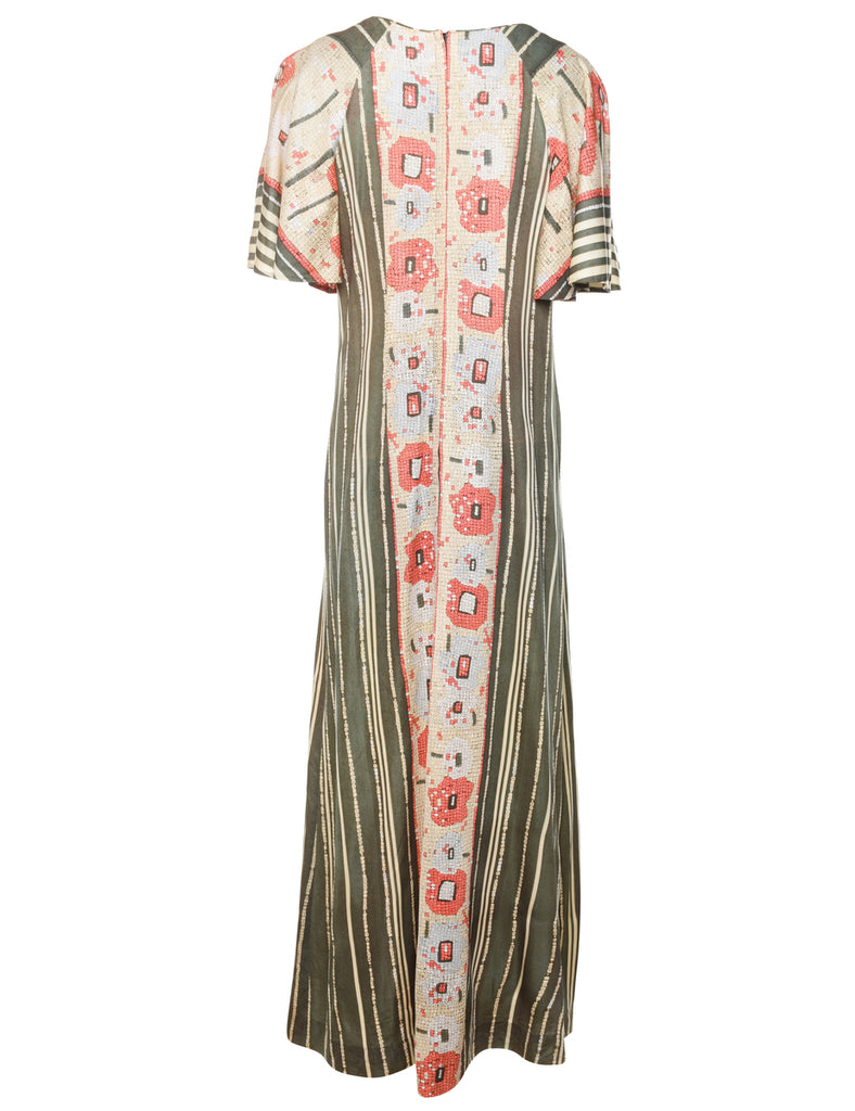 1970s Floral Print Pale Yellow & Pink Maxi Dress - M