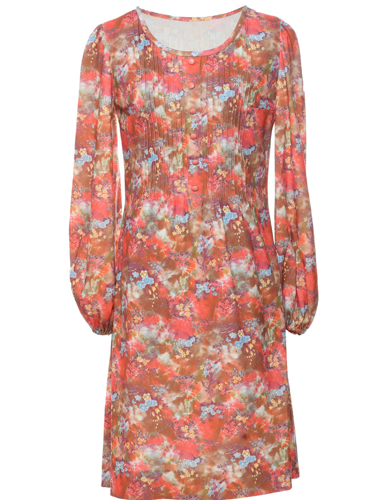 1970s Pin Tucks Floral Dress - M