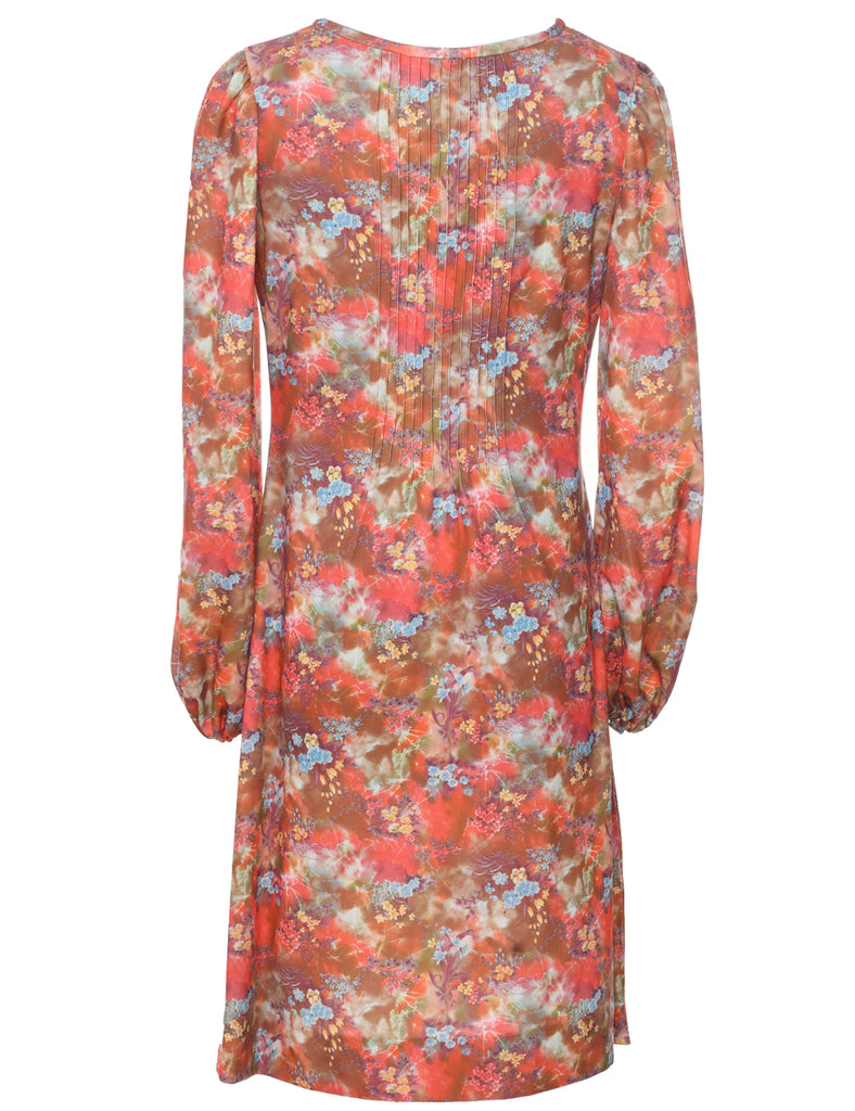 1970s Pin Tucks Floral Dress - M