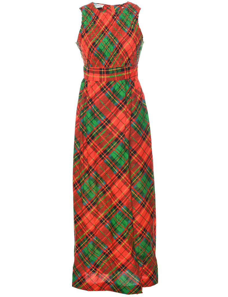 1970s Smoked Checked Pattern Maxi Dress - XS