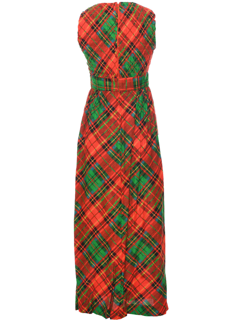 1970s Smoked Checked Pattern Maxi Dress - XS