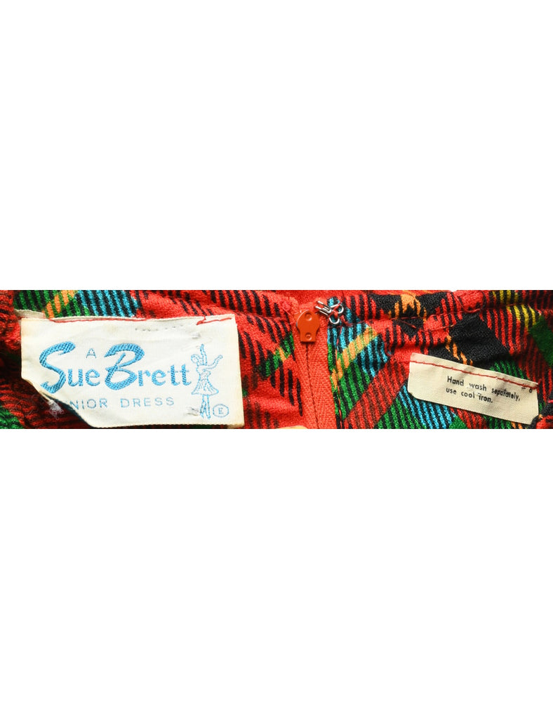 1970s Smoked Checked Pattern Maxi Dress - XS