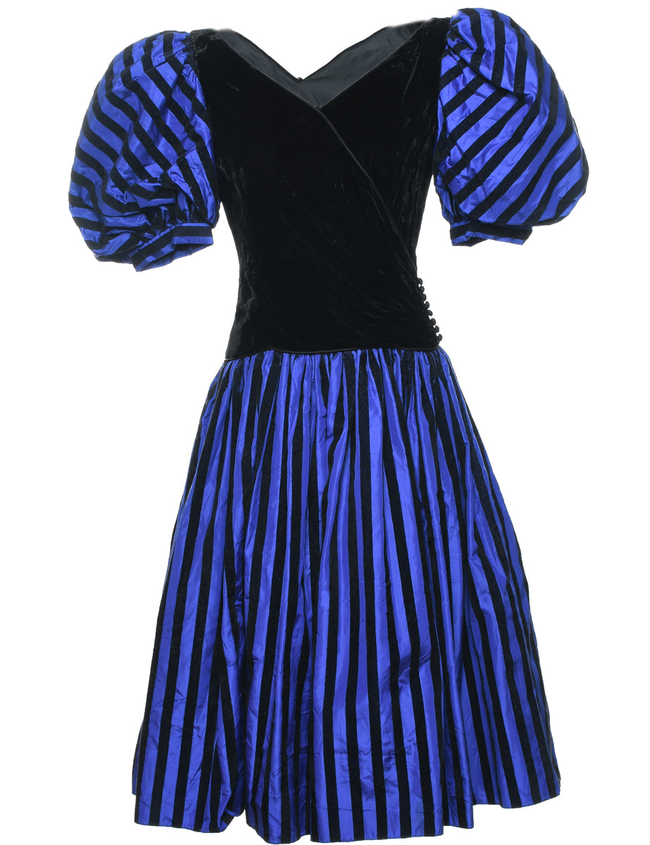 Women s 1980s Black Blue Striped Velour Evening Dress Black M Beyond Retro