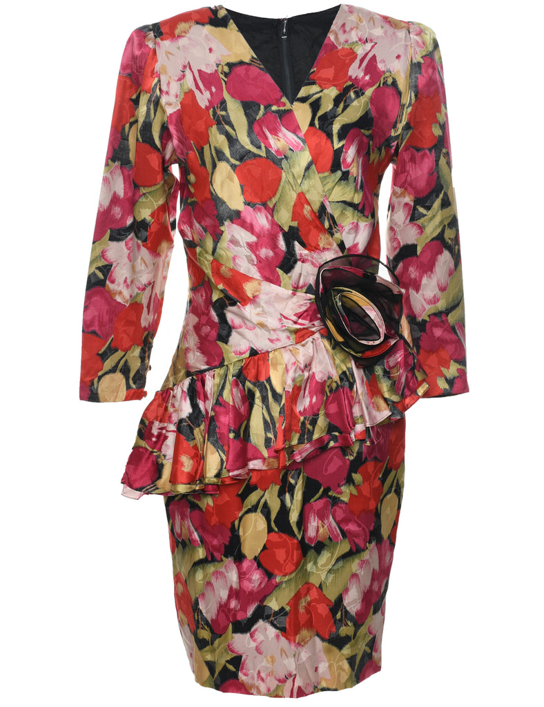 1980s Floral Print Dress - M