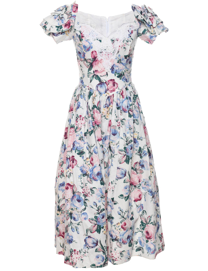 1980s Floral Print Evening Dress - S