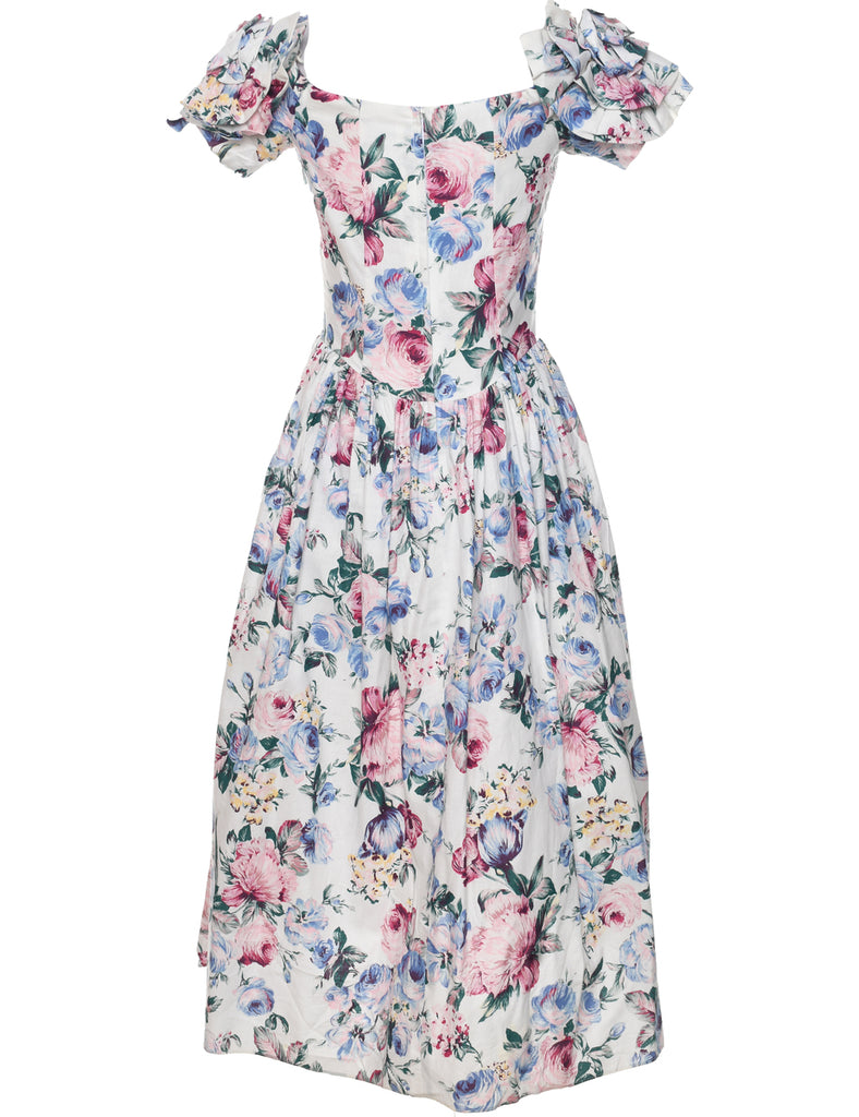 1980s Floral Print Evening Dress - S