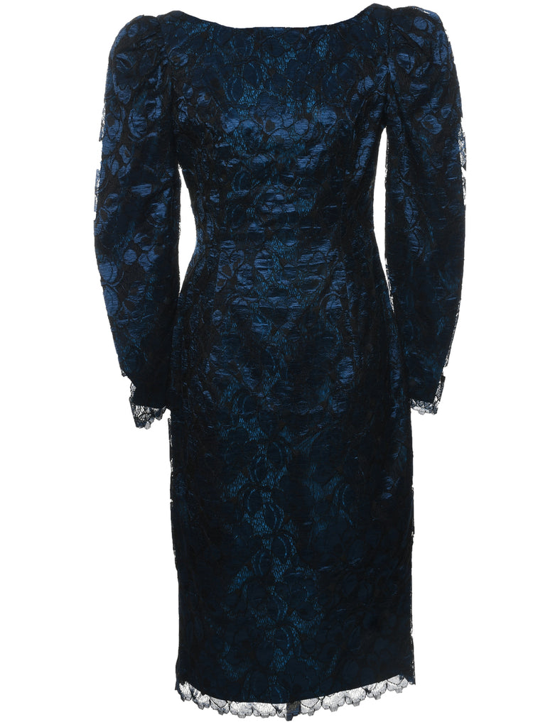 1980s Lace Floral Pattern Evening Dress - M