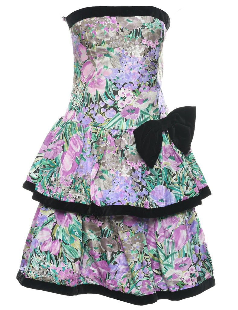 1980s Strapless Floral Pattern Evening Dress - S
