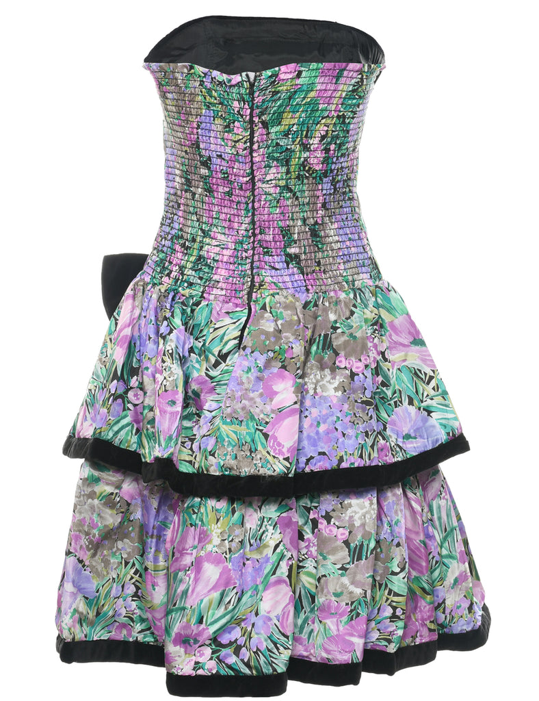 1980s Strapless Floral Pattern Evening Dress - S