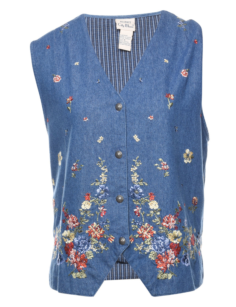 1990s Medium Wash Floral Embroidered Waistcoat  - M