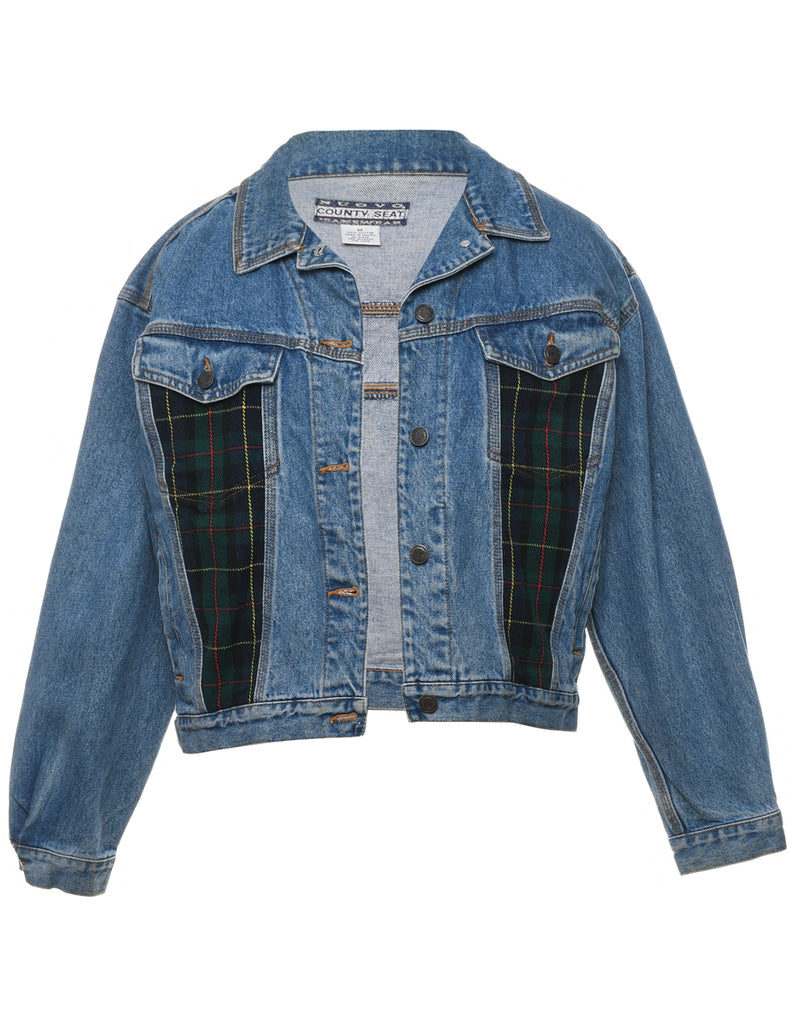 1990s Plaid Detail Patchwork Style Denim Jacket - M