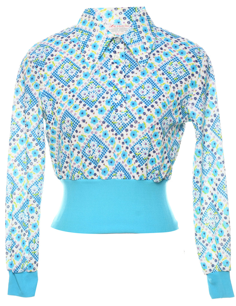 70's Collar Floral Printed Top - L
