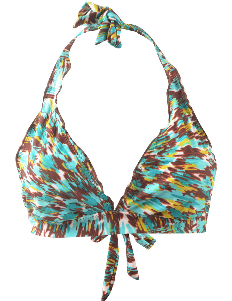 Abstract Print Light Blue & Brown Strappy Bikini Top - L