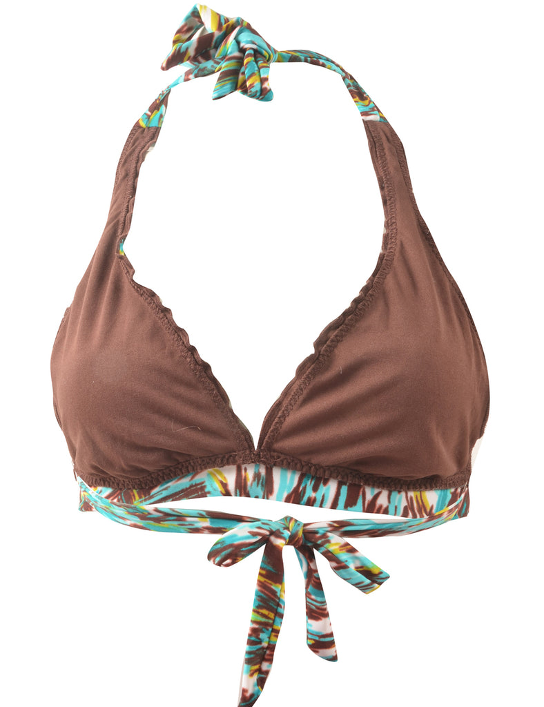 Abstract Print Light Blue & Brown Strappy Bikini Top - L
