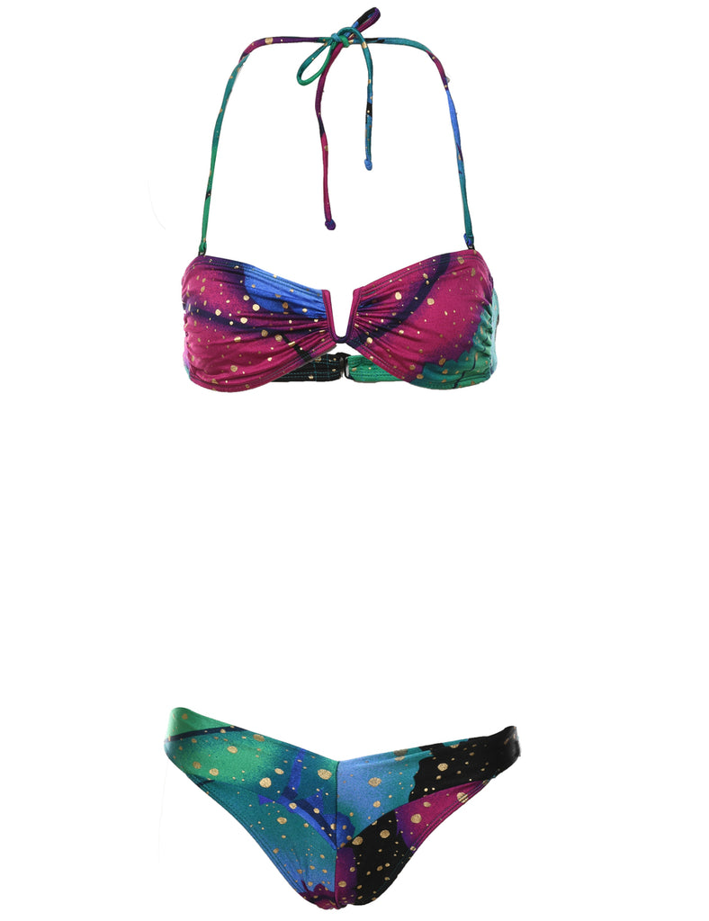 Abstract Print Multi-Colour Metallic Detail Bikini  - S