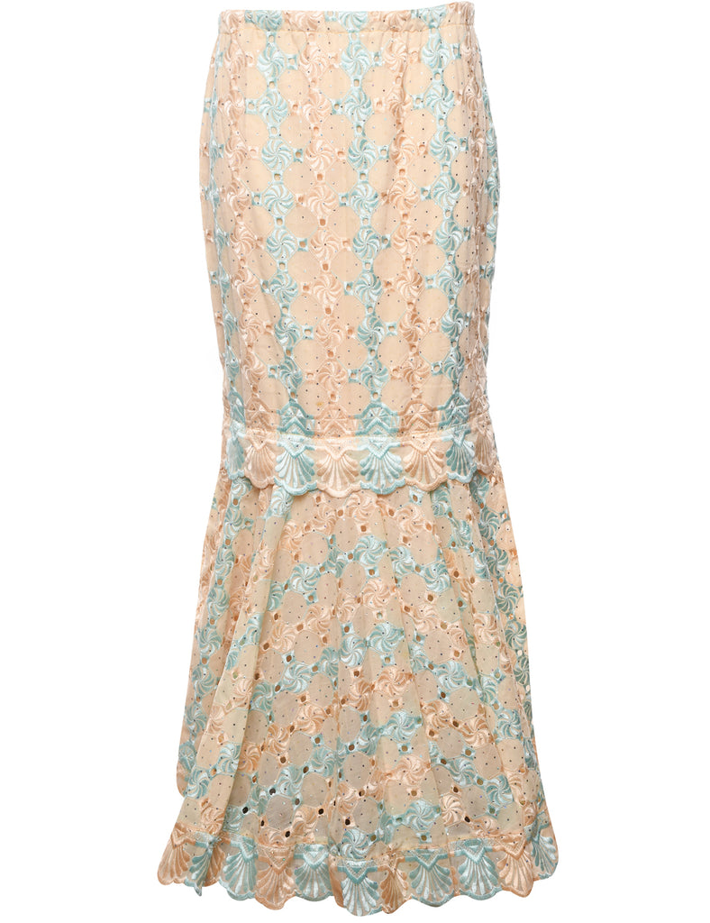 Aqua Blue & Peach Lace Maxi Skirt - S
