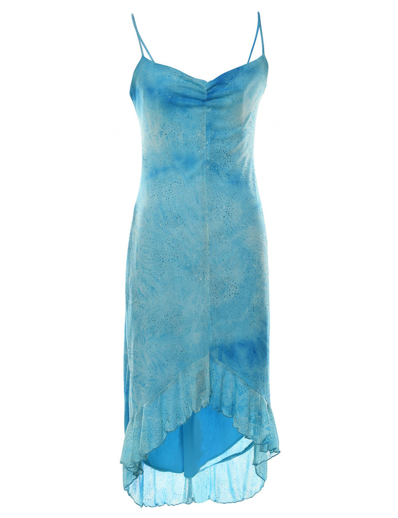 Aqua Blue & Silver Sparkly Y2K Ruffled Trim Evening Dress - S
