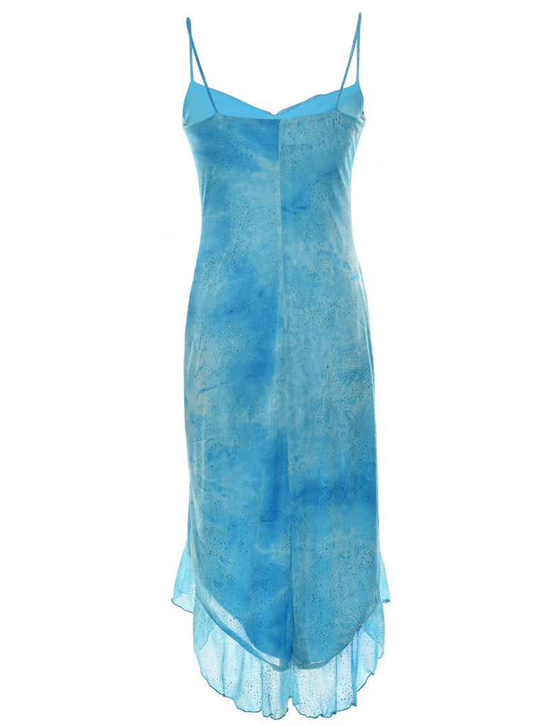 Aqua Blue & Silver Sparkly Y2K Ruffled Trim Evening Dress - S