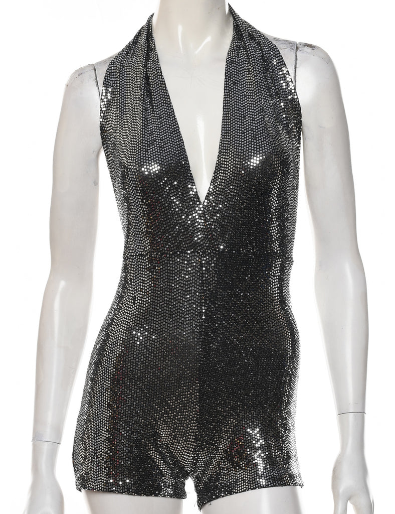 Backless Black & Silver Shiny Playsuit - S