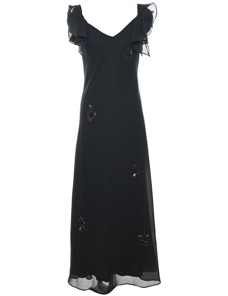 Beaded Black Ruffle Sleeve Evening Dress - M