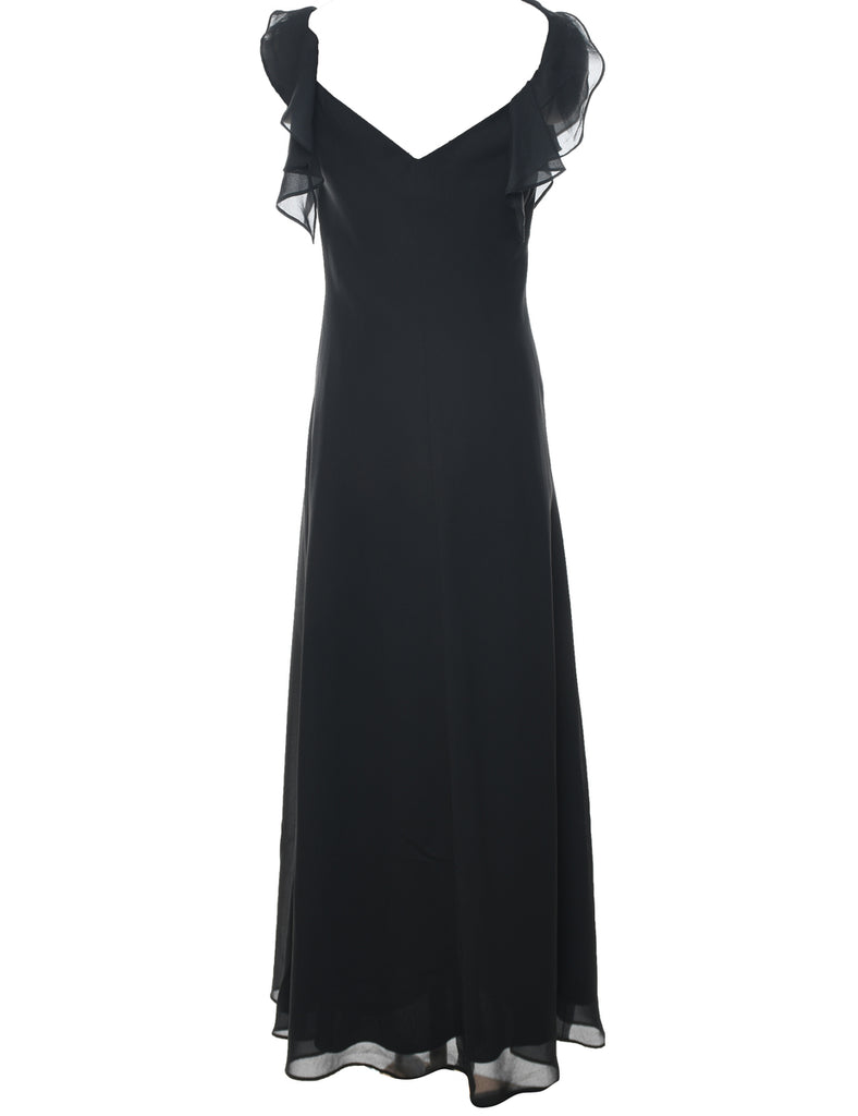 Beaded Black Ruffle Sleeve Evening Dress - M