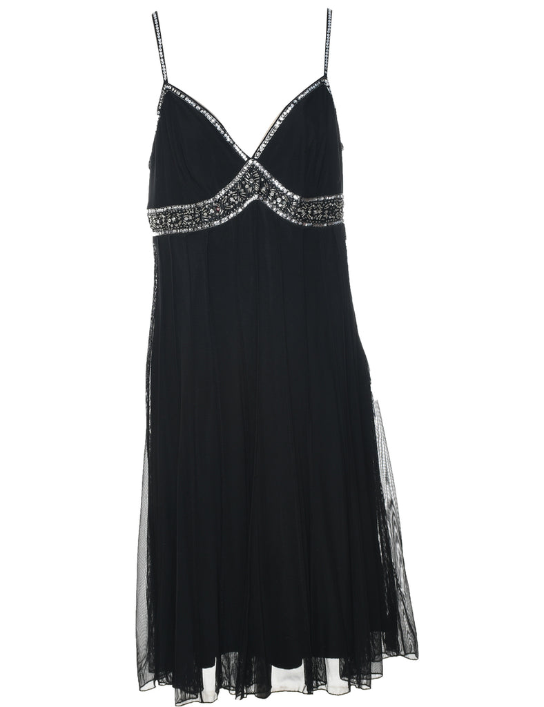 Beaded Black & Silver Sparkly Y2K Evening Dress - L