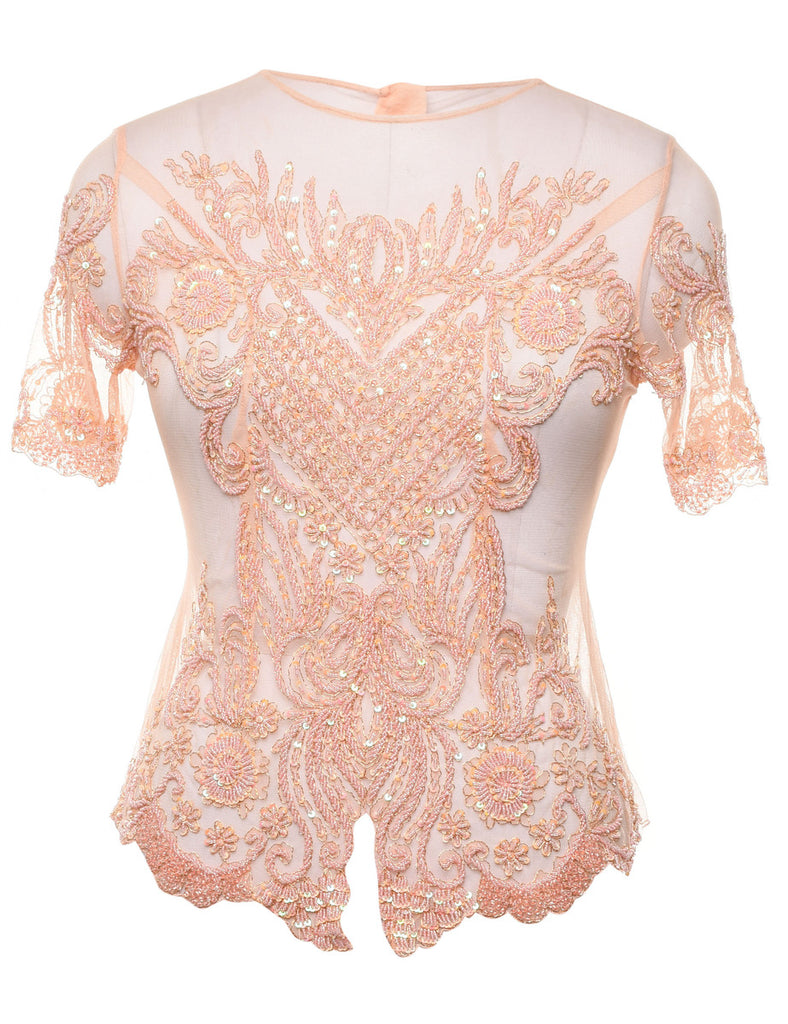 Beaded Scalloped Hem Sheer Party Top - M