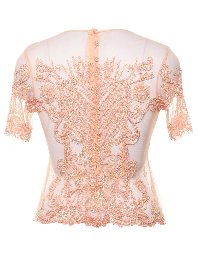 Beaded Scalloped Hem Sheer Party Top - M
