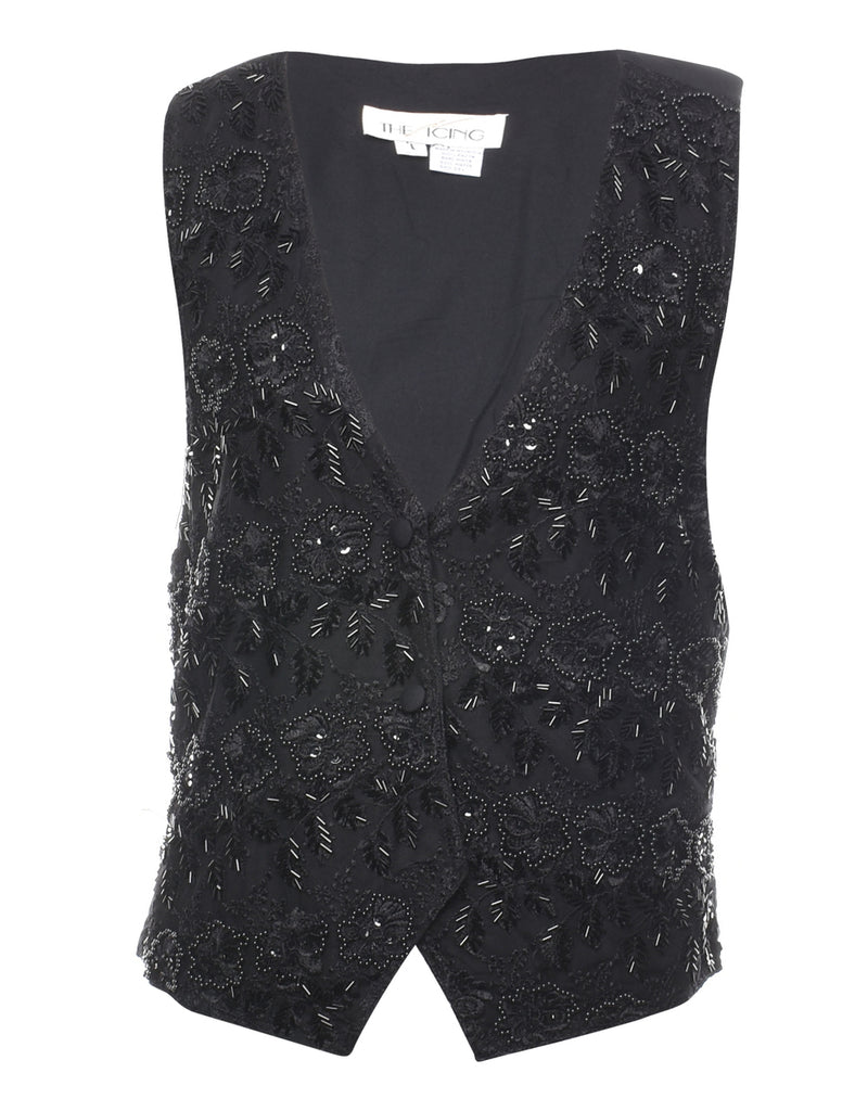 Beaded & Sequins Black 1990s Lace Waistcoat - M