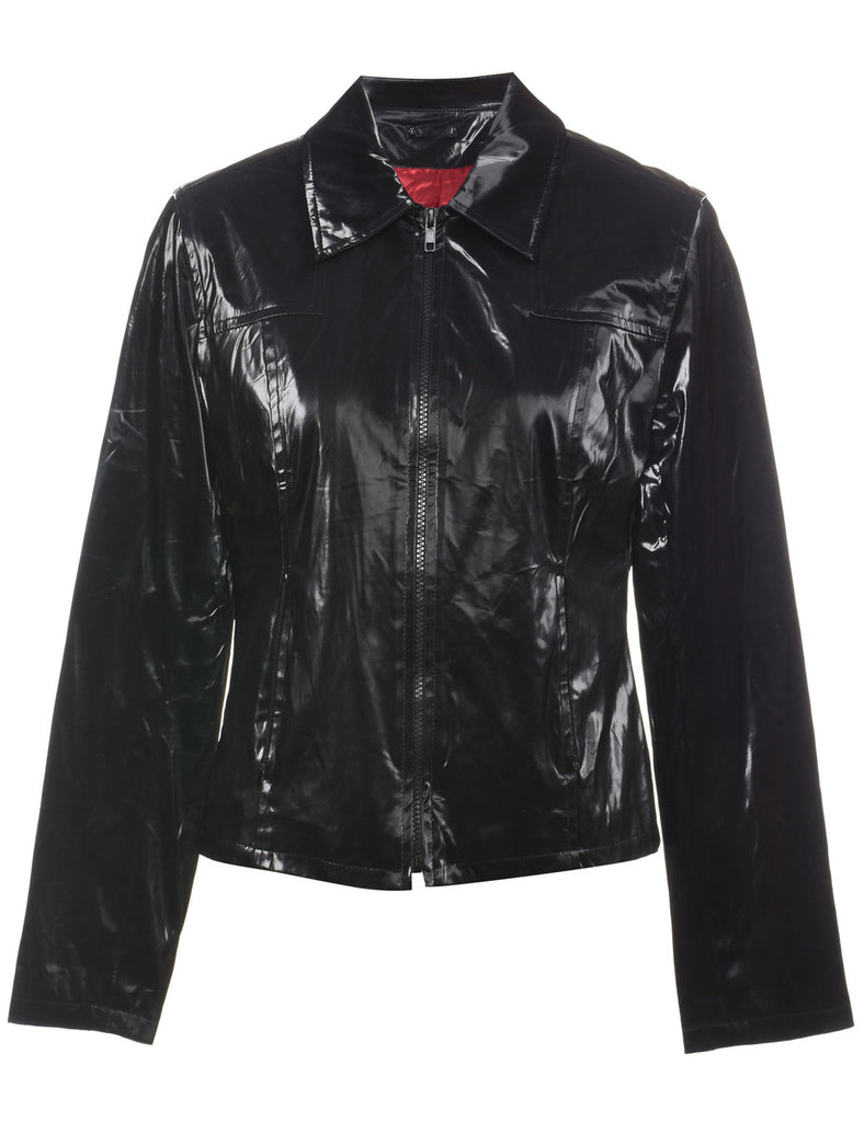 Black 1990s Shiny Metallic Zip-Front Evening Jacket - M