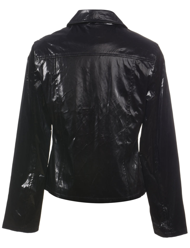 Black 1990s Shiny Metallic Zip-Front Evening Jacket - M