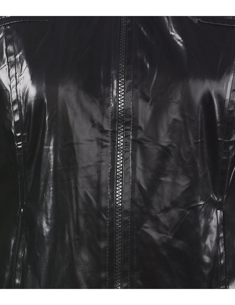 Black 1990s Shiny Metallic Zip-Front Evening Jacket - M