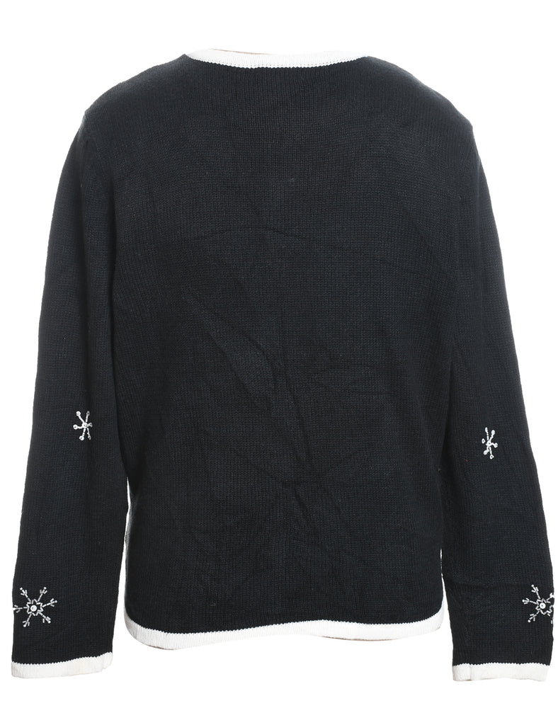 Black Appliqued Snowman Design Christmas Cardigan  - L