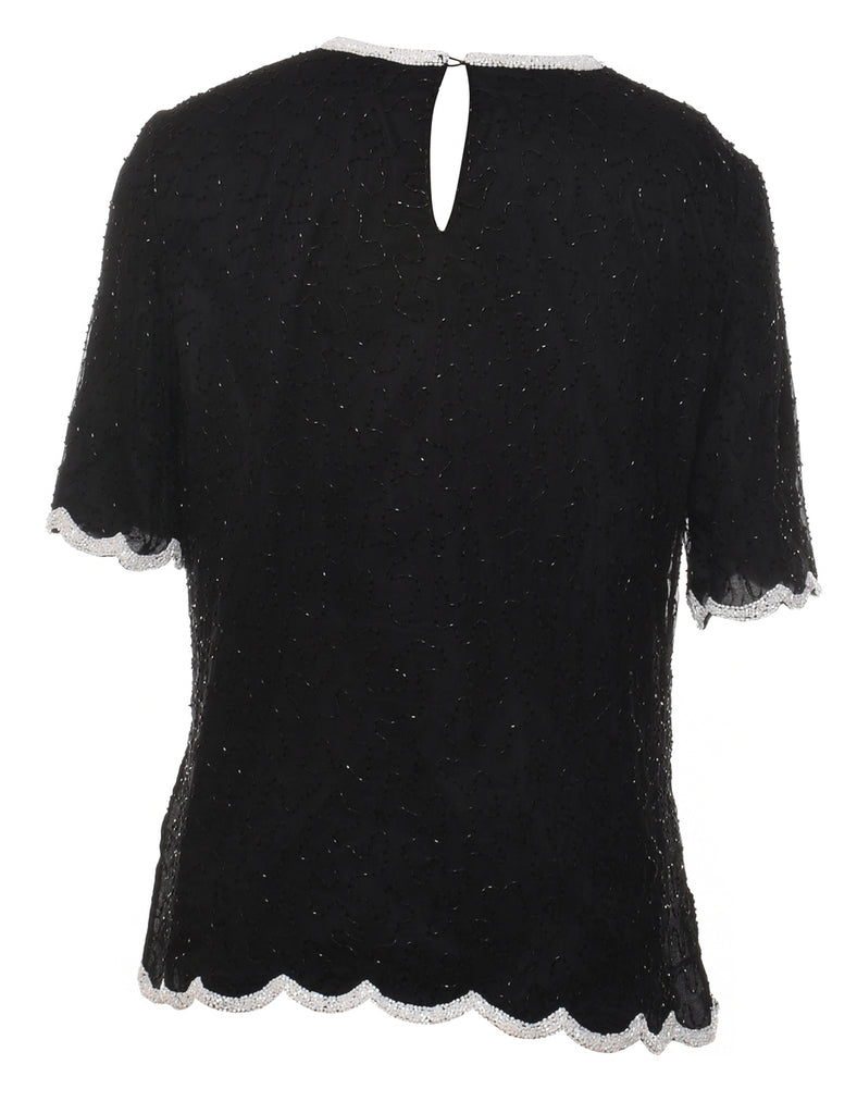 Black Beaded Silk Party Top - L
