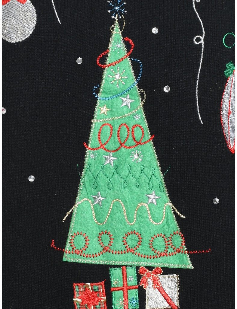 Black Christmas Tree Design Knit Vest - L