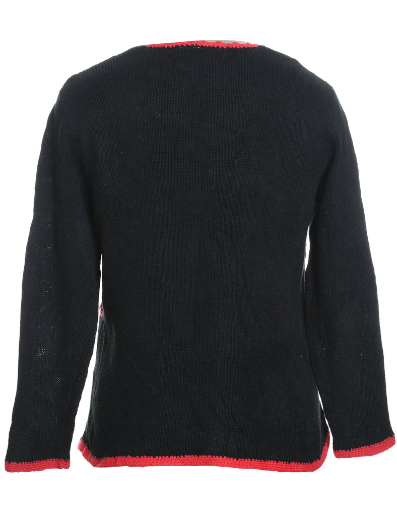 Black Embroidered Button-Front Christmas Cardigan  - S