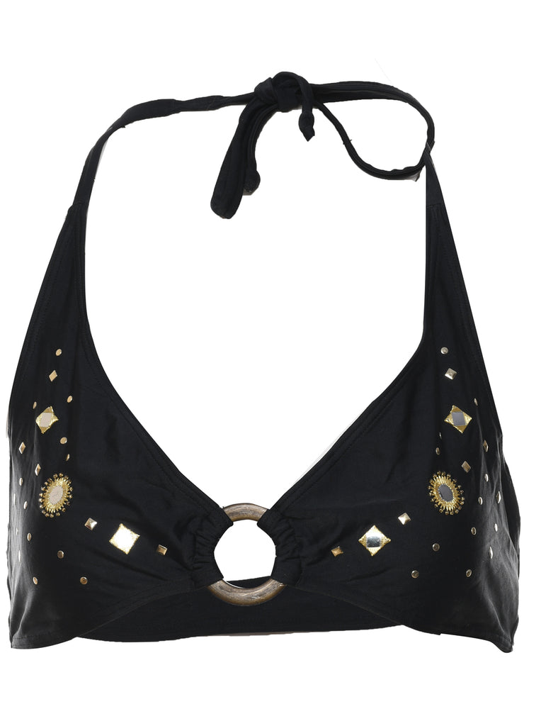 Black Embroidered Mirror Detail Bikini Top - M