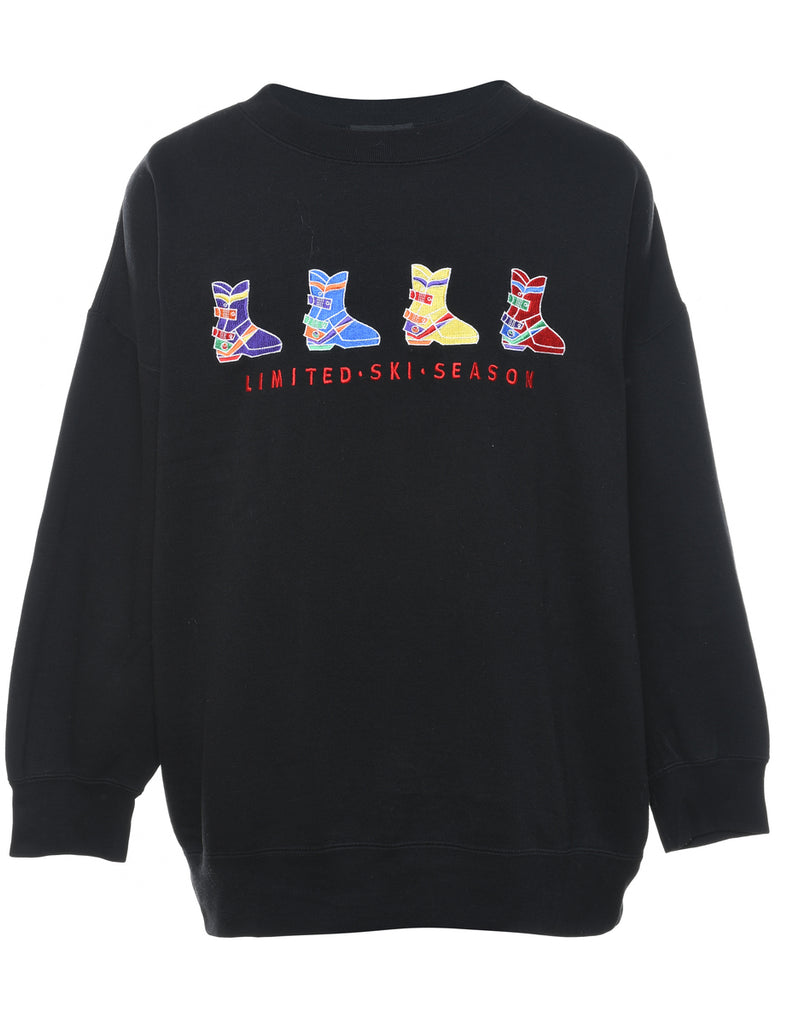Black Embroidered Ski Design Sweatshirt - M
