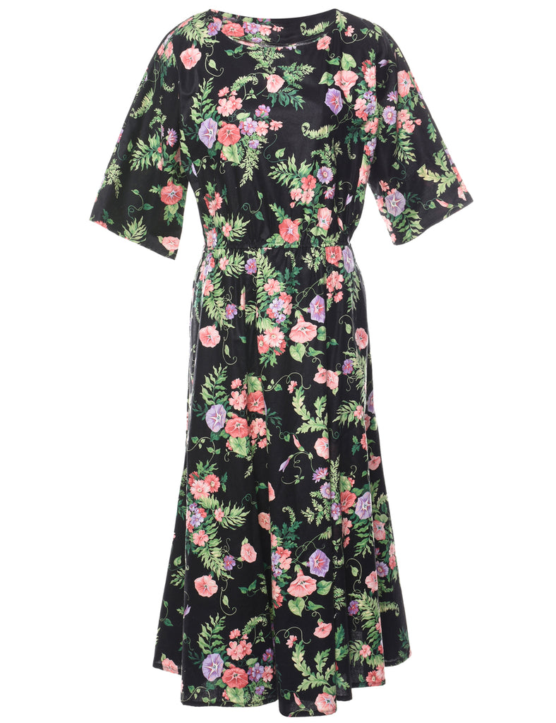 Black Floral Print Dress  - L