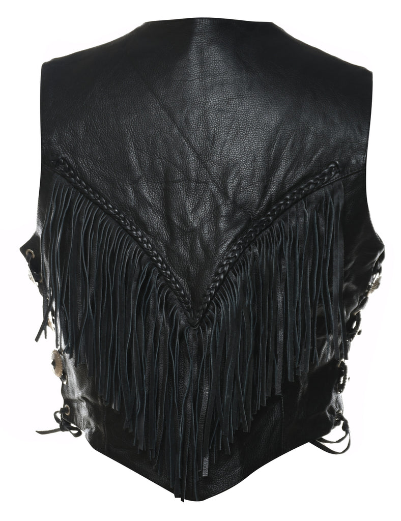 Black Fringed Leather Waistcoat - M