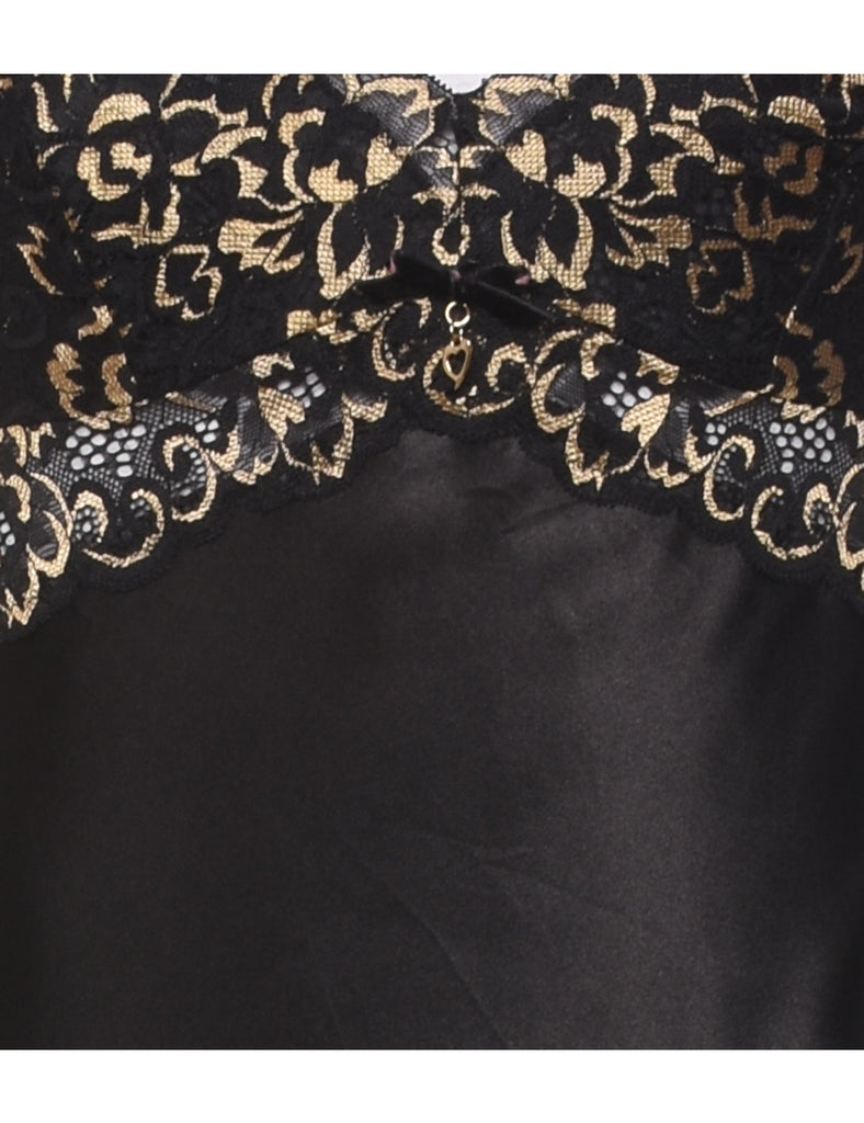 Black & Gold 1990s Lace Trim Slip Dress - S