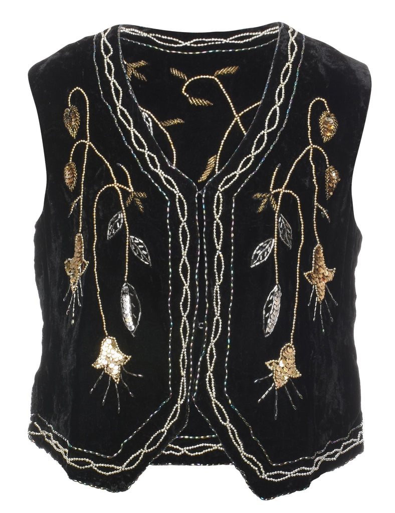 Black & Gold 1990s Sequined Floral Waistcoat  - M