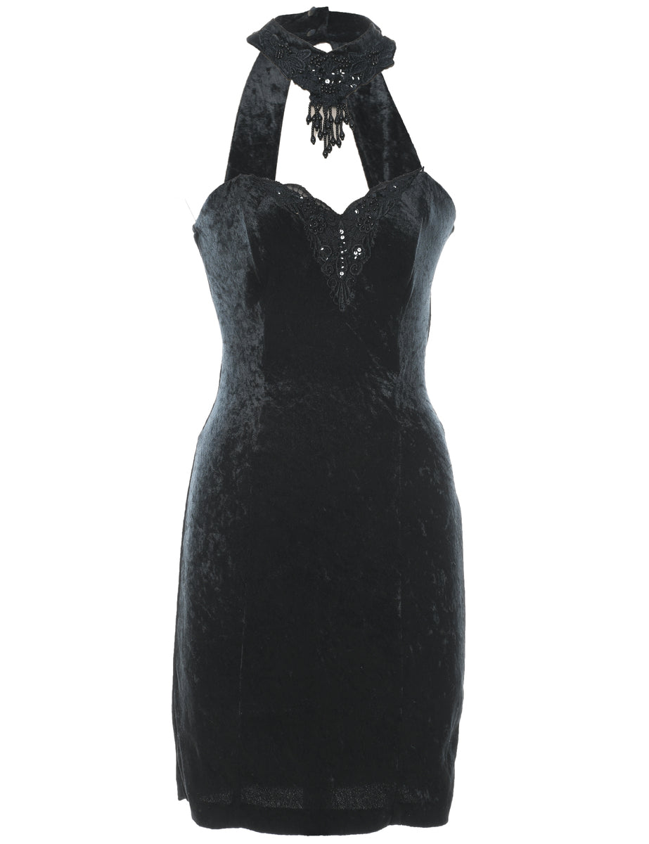 Black High Neck Embellished Lace Trim Evening Dress M