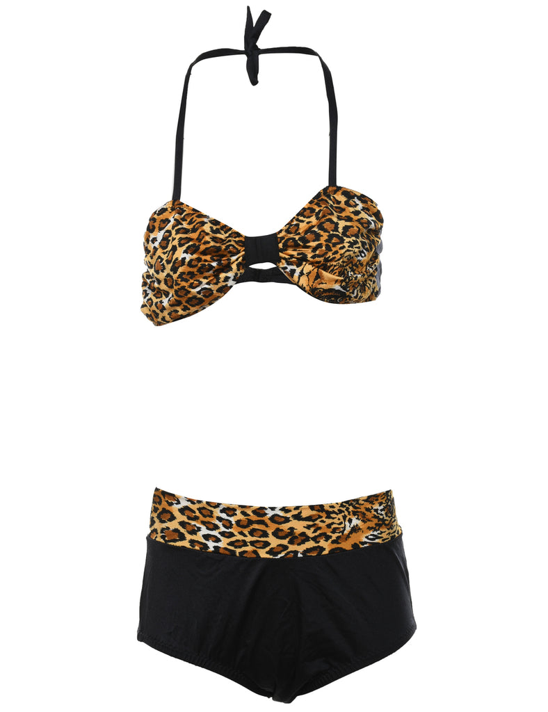 Black & Leopard Print Contrast Bikini  - XS