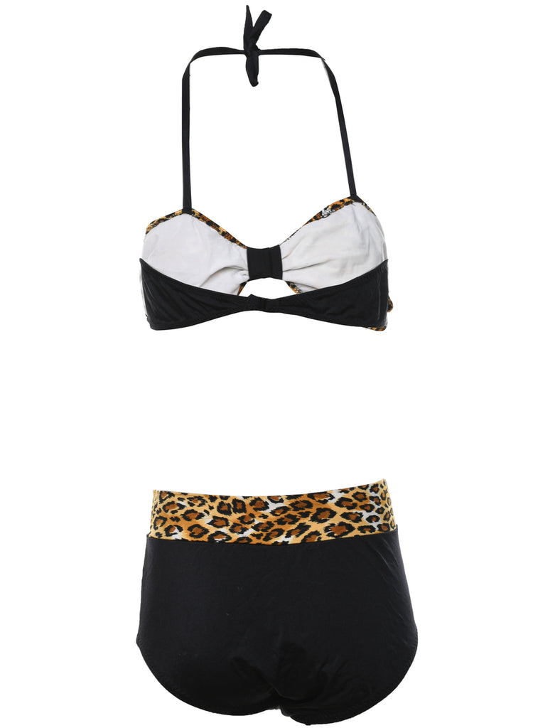 Black & Leopard Print Contrast Bikini  - XS
