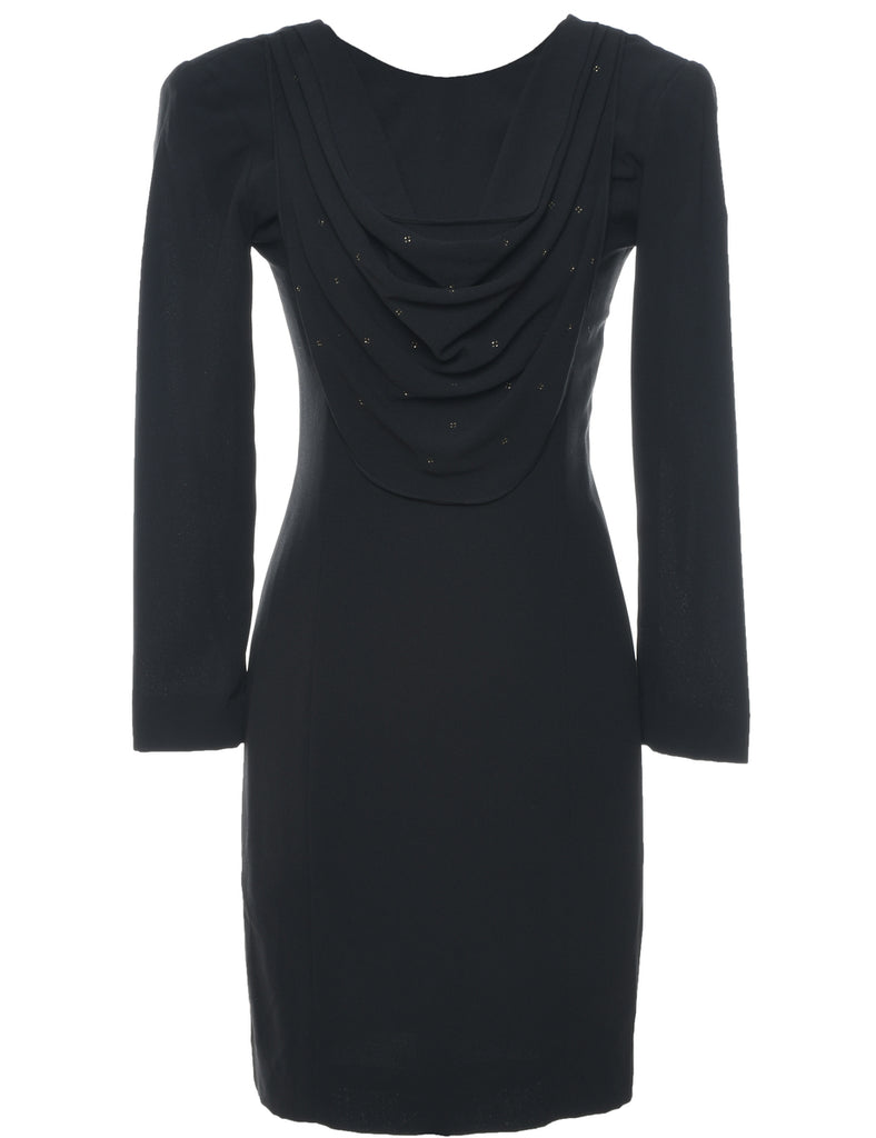 Black Ruched Long-Sleeve Evening Dress - M