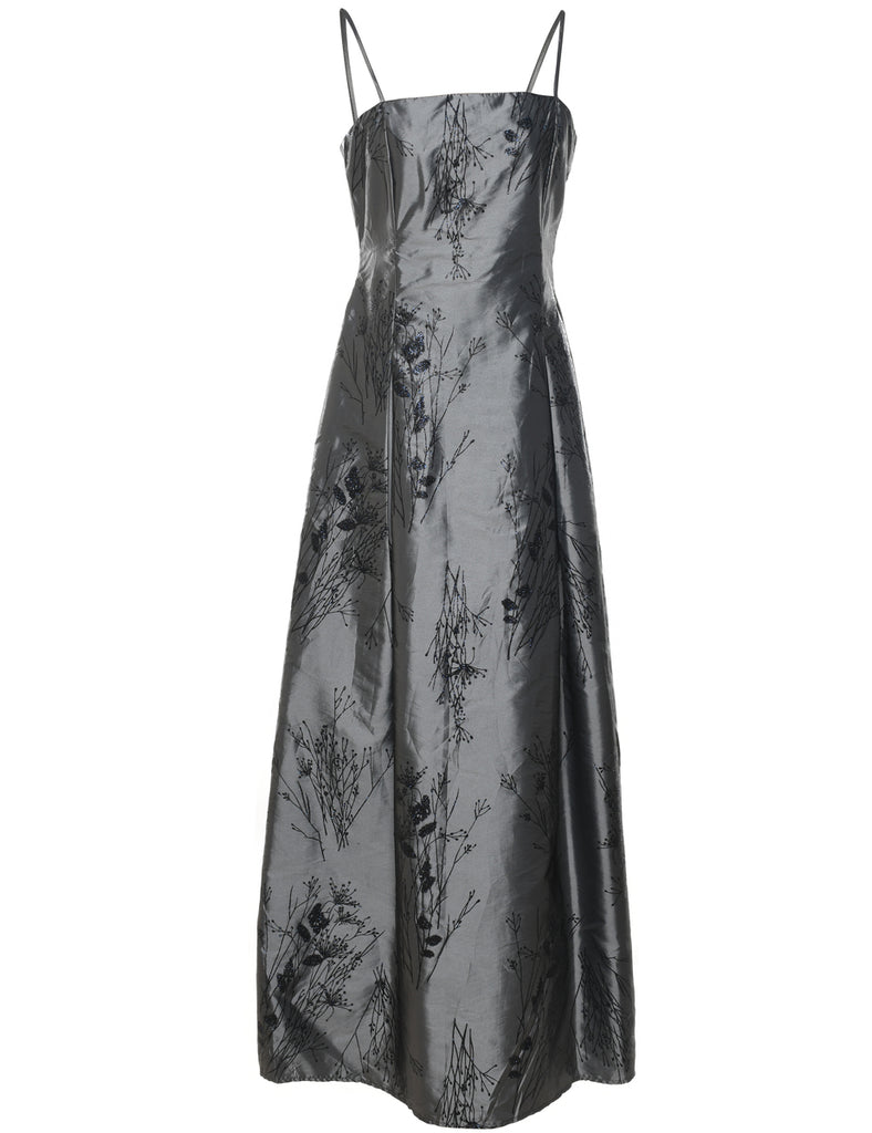 Black & Silver 1990s Floral Design Evening Dress - M